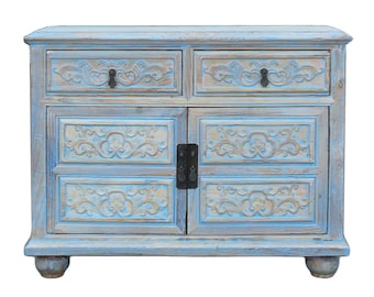 Oriental Floral Shabby Chic Rustic Light Blue High Credenza Cabinet cs1158E