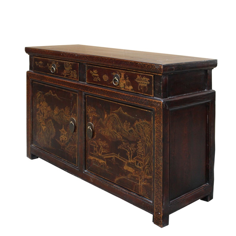 Chinese Distressed Brown Floral Motif Low Table Cabinet cs5021E