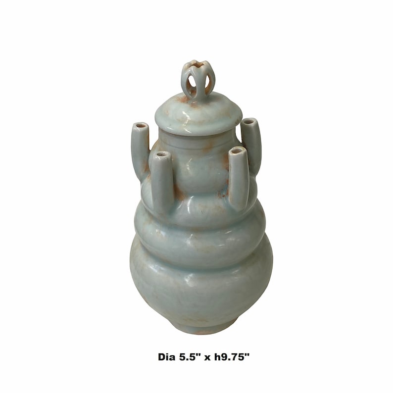 Chinese Handmade Ceramic Celadon White 5 Mouths Motif Jar ws1779E image 2