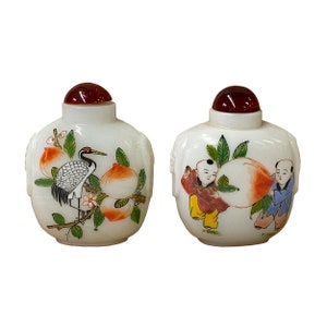 2 x White Glass Print Oriental Kid Crane Graphic Snuff Bottle ws1306E