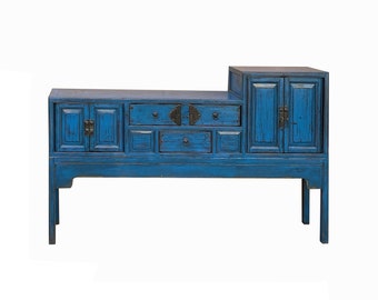 Vintage Chinese Distressed Bright Blue Drawers Foyer Narrow Side Table cs7743E