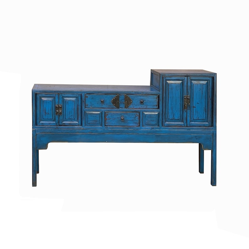 Vintage Chinese Distressed Bright Blue Drawers Foyer Narrow Side Table cs7743E image 1