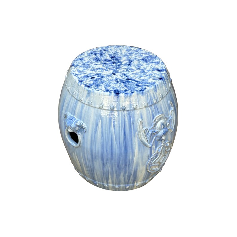 Chinese White Blue Glaze Bat Fortune Coin Pattern Round Ceramic Garden Stool cs7809E image 2