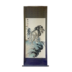 Chinese Black White Ink Lion Theme Scroll Painting Original Wall Art ws1888E