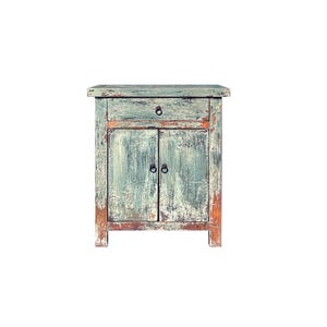 Distressed Pale Teal Gray Natural Wood End Table Nightstand ws4465E