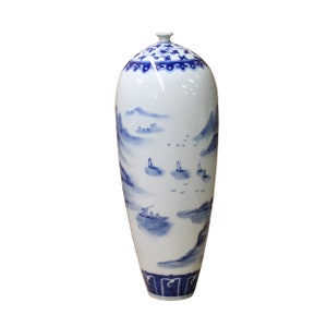 Chinese Blue White Porcelain Scenery Graphic Tiny Mouth Vase ws1108E image 3