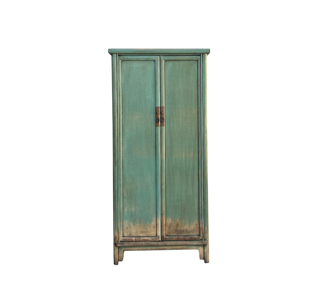 Oriental Distressed Light Teal Green Tall Narrow Noodle Cabinet