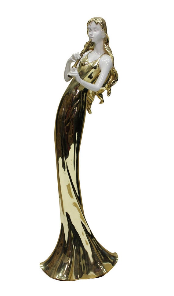 Gold White Flute Lady Fiber Glass Decor Figure s1849-5S Gold White Flute Lady Fiber Glass Decor Figure s1849-5S