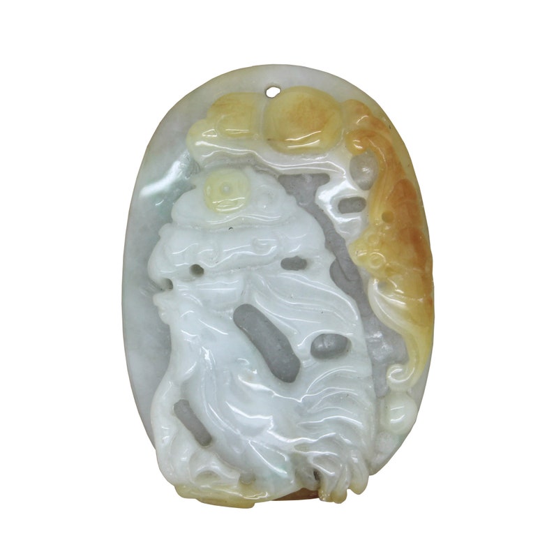 Natural Green Yellow Jade Pendant With Lucky Zodiac Rooster, Bat & Fortune Figure n491E image 1