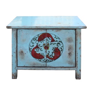 Chinese Distressed Light Pale Blue Fishes Graphic Table Cabinet cs3970E image 2