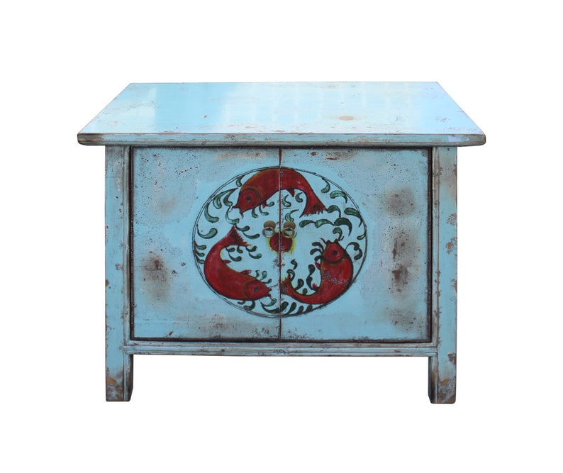 Chinese Distressed Light Pale Blue Fishes Graphic Table Cabinet cs3970E image 2