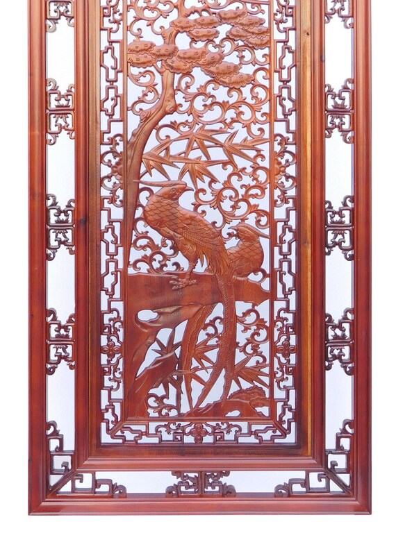 Handcrafted Quality Solid Wood Oriental Rectangular Vertical Birds Wood Wall Panel cs1362-2S Handcrafted Quality Solid Wood Oriental Rectangular Vertical Birds Wood Wall Panel cs1362-2S
