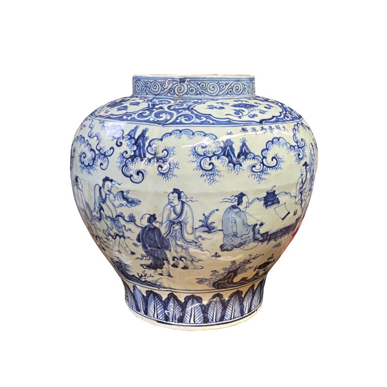 Vintage Chinese Blue White Porcelain Scenery Fat Body Vase Jar ws2718E image 1