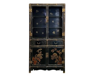 Chinoiseries Black Golden Graphic Glass Display Bookcase Curio Cabinet cs7568E