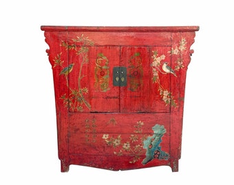 Chinese Vintage Red Golden Flower Birds Scenery Armories Storage Cabinet cs6035E