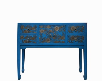 Blue Lacquer Golden Flower Graphic Drawers Slim Foyer Side Table cs7732E