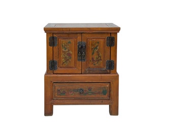 Chinese Distressed Orange Flower Graphic End Table Nightstand cs7821E