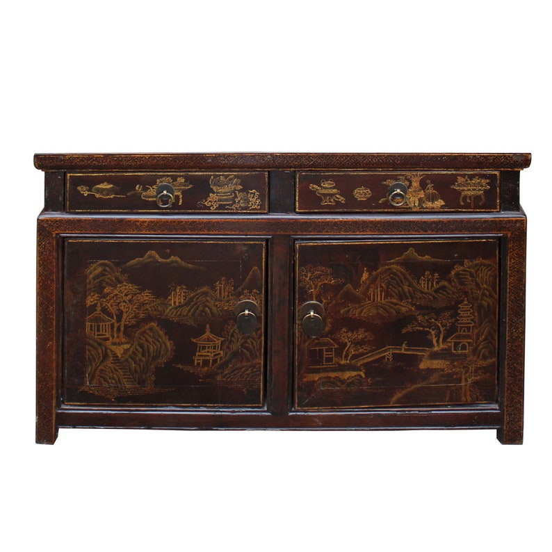 Chinese Distressed Brown Floral Motif Low Table Cabinet cs5021E