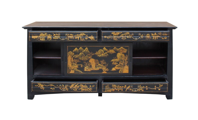 Chinese Fujian Golden Graphic Sideboard High Credenza Console Table TV Cabinet cs3509E image 8