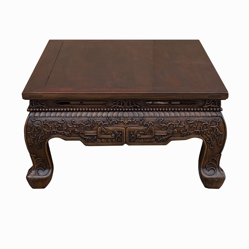 Vintage Rustic Brown Ru Yi Carving Rectangular Wood Kang Coffee Table cs7754E image 7