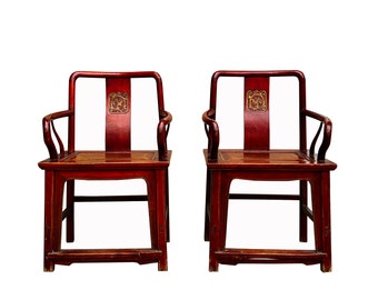 Pair Chinese Vintage Motif Carving Accent Brown Stain Armchairs cs7569E