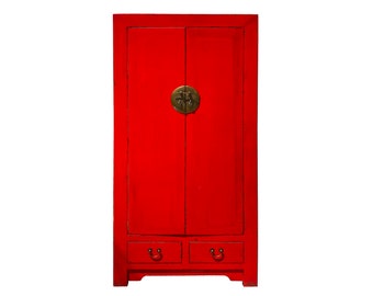 Chinese Distressed Red Tall Wedding Armoire Wardrobe TV Cabinet cs7315E