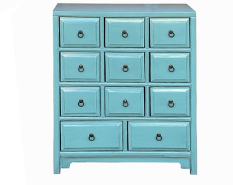 Oriental Turquoise Blue 11 Drawers Slim Narrow Chest Cabinet Dresser cs7794E