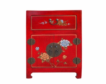 Chinese Red Vinyl Moon Face Flower Birds End Table Nightstand cs7132E