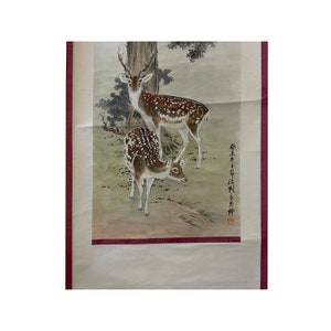 Vintage Chinese Color Ink Double Deer Scroll Painting Wall Art ws1977E image 4