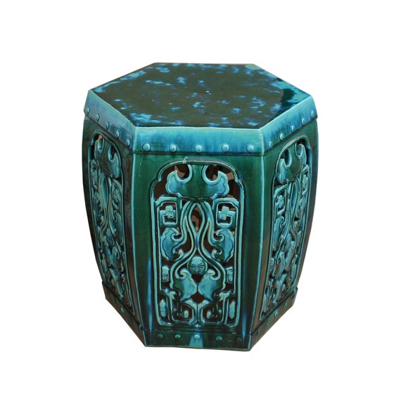 Ceramic Clay Green Turquoise Glaze Hexagon Motif Garden Stool Etsy