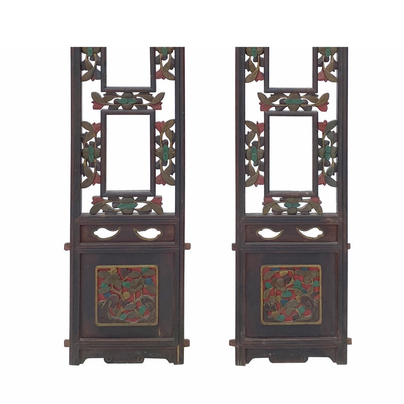 Pair Chinese Vintage Restored Wood Brown Flower Carving Wall Hanging Art cs6968E image 5