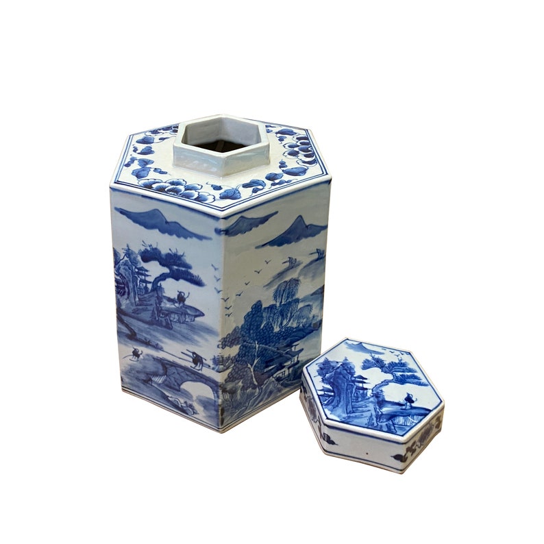 Chinese Blue & White Porcelain Trees Scenery Hexagon Jar Container ws2754E image 4