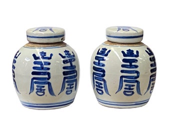 Pair Blue White Small Oriental Shou Characters Porcelain Ginger Jars ws1384E