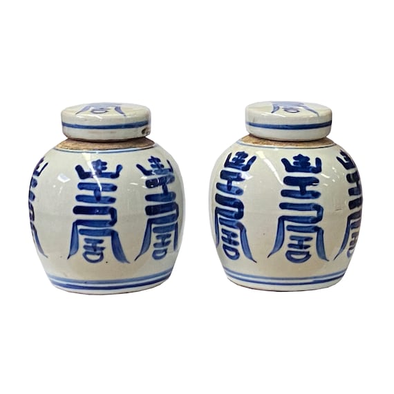 Paar Blau Weiß Kleine Orientalische Shou Zeichen Ginger Porzellan Gläser ws1384E