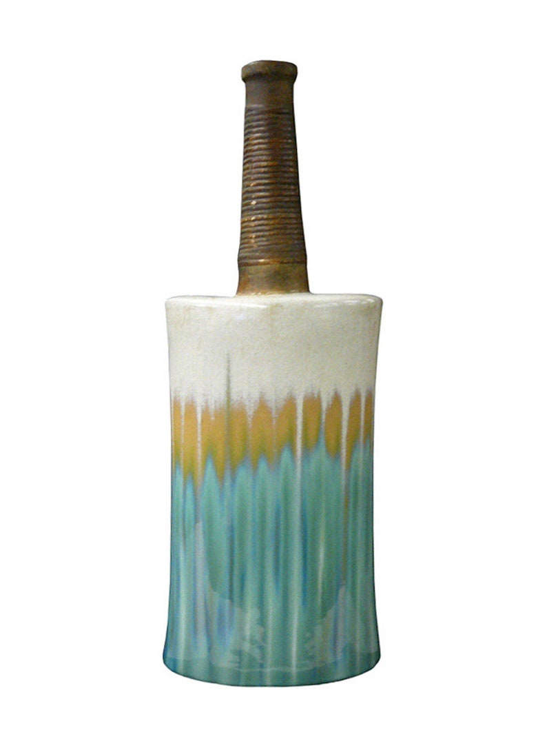 Modern Oval Shape Flat Tall Neck Ceramic Turquoise Bamboo Decor Vase ss980E image 1