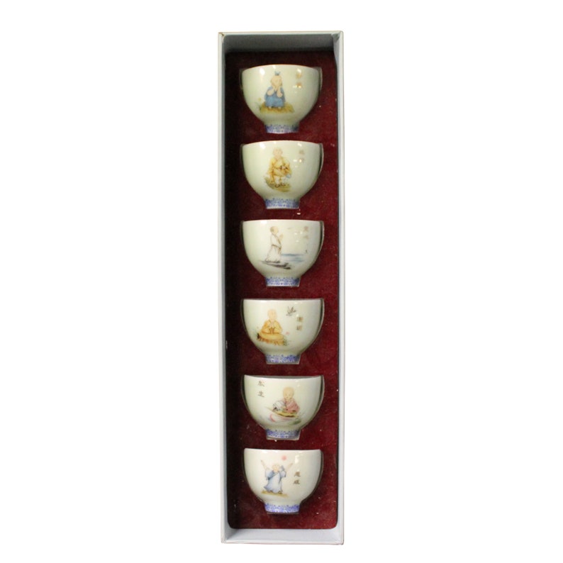 Chinese Off White Kid Lohon Graphic Porcelain Handmade Tea Cup 6 pieces Set ws592E image 1