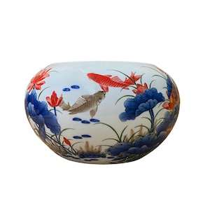 Asian Chinese Porcelain Lotus Fishes Accent Round Bowl Display ws2591E