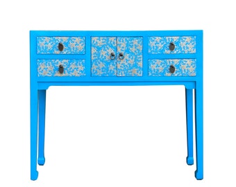 Bright Blue Lacquer Golden Flower Graphic Drawers Slim Foyer Side Table cs7146E