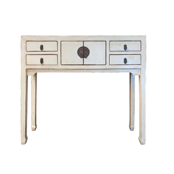 Oriental Rustic off White Lacquer Drawers Slim Foyer Side Table