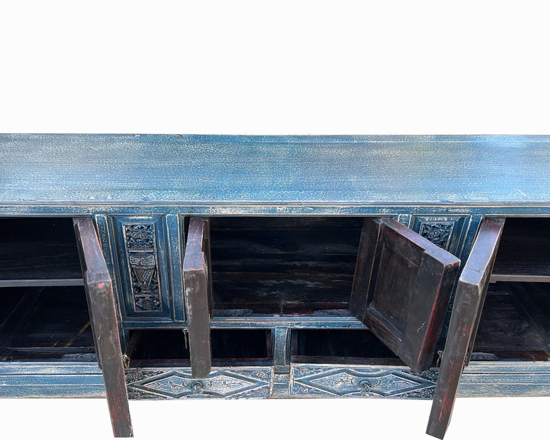 Chinese Distressed Dark Blue Vases Relief Pattern TV Console Table Cabinet cs7738E image 6