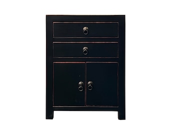Chinese Oriental Distressed Black 2 Drawers End Table Nightstand cs7584E