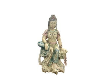 Vintage Chinese Color Paint Wood Rest Leg Bodhisattva Guan Yin Statue ws3793E