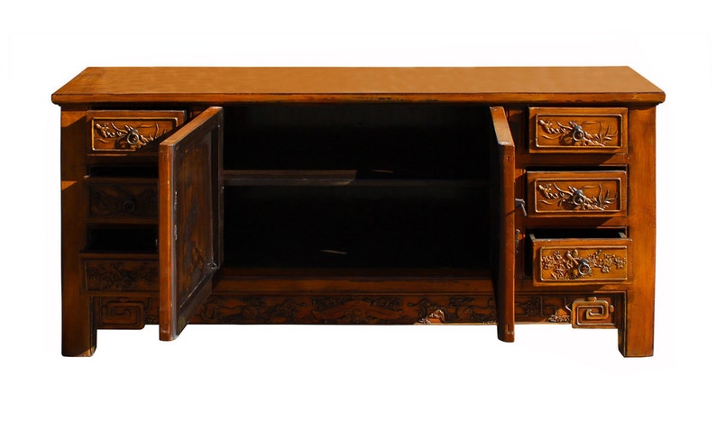 Distressed Mustard Yellow Carving Motif Low Tv Console Table Cabinet Cs2296e