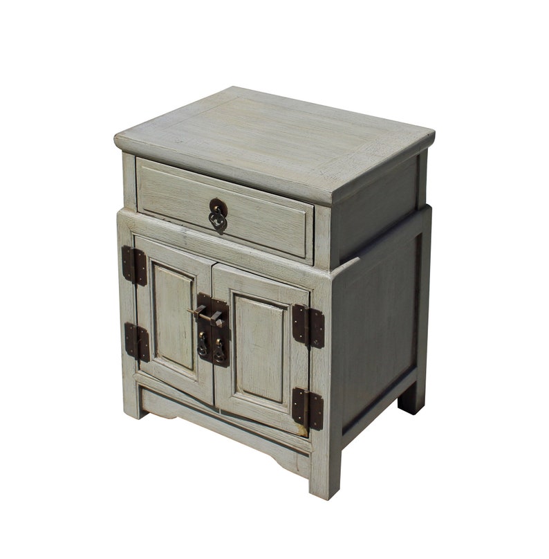 Chinese Distressed Light Gray Metal Hardware End Table Nightstand cs3917E image 3