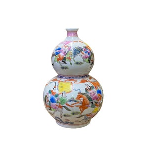 Jarrón chino oriental de porcelana blanca con forma de calabaza y gráfico de caballos ws2706E