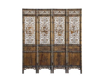 Vintage Finish Openwork Floral 4 Panels Wood Floor Screen Room Divider GB819E