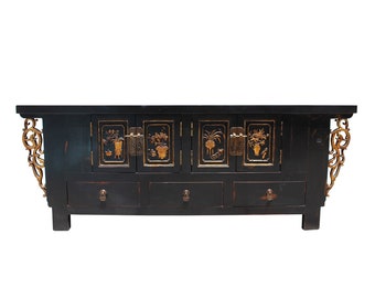 Chinese Distressed Dark Brown Dragon Motif TV Console Table Cabinet cs5727E