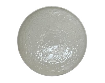 中国風レリーフ龍モチーフ白陶器ボウルプレートディスプレイアート