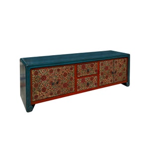 Chinese Tibetan Teal Blue Orange Floral Graphic Low TV Console Table cs7609E image 4