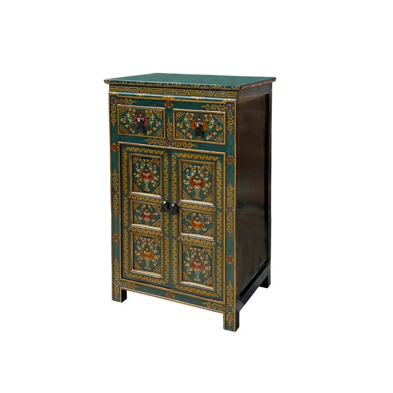 Distressed Teal Blue Green Tibetan Floral End Table Nightstand Cabinet cs7621E image 3